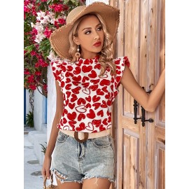 Heart Print Ruffle Trim Blouse, Elegant Blouse For Spring & Summer, Women's Clothing