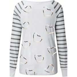 Zipper Heart Print Blouse, Casual Long Sleeve V Neck Blouse, Women's Clothing