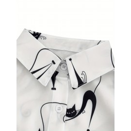 Cute Cat Print Button Front Shirt, Casual Lapel Long Sleeve Shirt, Women's Clothing