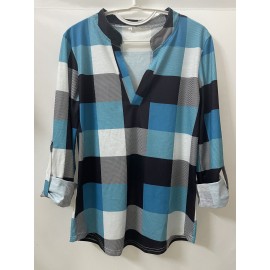 Casual Plaid Shirt, Long Sleeve V-neck Shirt,  Casual Every Day Tops, Women's Clothing