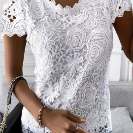 Lace Crew Neck T-Shirt, Elegant Short Sleeve T-Shirt For Spring & Summer, Women's Clothing