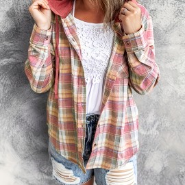 Plaid Print Hooded Shirt, Casual Long Sleeve Drawstring Shirt, Women's Clothing