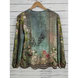 Floral Print Button Front Blouse, Casual Long Sleeve Crew Neck Blouse For Spring & Fall, Women's Clothing