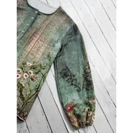 Floral Print Button Front Blouse, Casual Long Sleeve Crew Neck Blouse For Spring & Fall, Women's Clothing