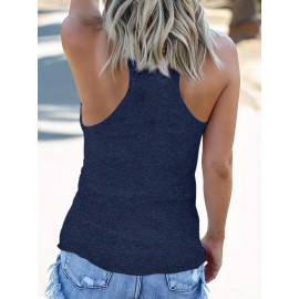 Coconut Tree & Letter Print Tank Top, Sleeveless Crew Neck Tank Top, Casual Every Day Tops, Women's Clothing