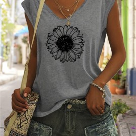 Sunflower Print V Neck Tank Top, Casual Sleeveless Tank Top For Summer, Women's Clothing