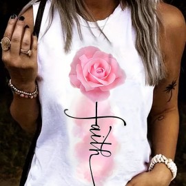 Flower & Letter Print Tank Top, Sleeveless Crew Neck Tank Top, Casual Every Day Tops, Women's Clothing