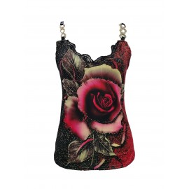 Floral Print Chain Linked Top, Sexy Contrast Lace Summer Sleeveless Top, Women's Clothing
