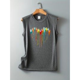 Colorful Paw Print Crew Neck Tank Top, Casual Sleeveless Top For Summer, Women's Clothing