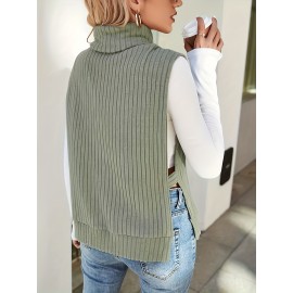 Solid Turtle Neck Rib Knit Vest, Casual Split Side Sleeveless Top, Women's Clothing