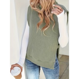 Solid Turtle Neck Rib Knit Vest, Casual Split Side Sleeveless Top, Women's Clothing