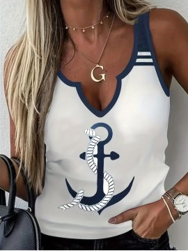 Anchor Print Tank Top, Casual Notch Neck Summer Sleeveless Top, Women's Clothing