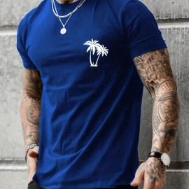 Sketch Style Palm Tree Pattern Top Casual Mid Stretch Short Sleeve Crew Neck Graphic T-shirt, Men's Tee For Summer Outdoor