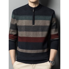 All Match Knitted Striped Sweater, Men's Casual Warm High Stretch Half Zipper Pullover Sweater For Men Fall Winter