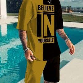 Believe In Yourself Print, Men's 2Pcs Outfits, Casual Crew Neck Short Sleeve T-shirt And Drawstring Shorts Set For Summer, Men's Clothing