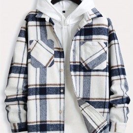 Big Plaid Pattern Men's Retro Casual Long Sleeve Lapel Shirt With Pocket Design, Fall Winter Outdoor
