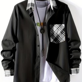 Plaid Pattern Men's Casual Thin Long Sleeve Color Block Button Up Shirt With Chest Pocket, Male Clothes For Summer Spring And Fall