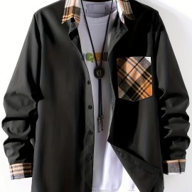 Plaid Pattern Men's Casual Thin Long Sleeve Color Block Button Up Shirt With Chest Pocket, Male Clothes For Summer Spring And Fall