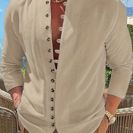 Retro Style Men's Casual Solid Long Sleeve Shirt, Men's Clothes For Spring Summer Autumn, Tops For Men