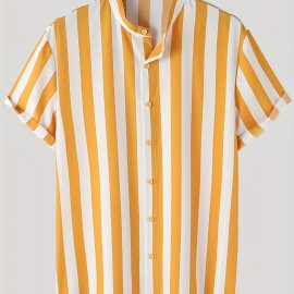 Men's Casual Stripe Mismatch Pattern Mandarin Collar Short Sleeve Shirt, Male Hawaiian Shirt For Summer