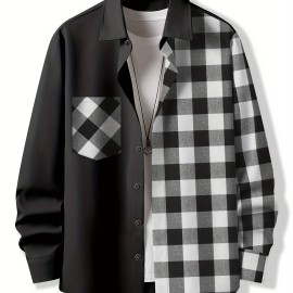 Stylish Collage Chest Pocket Plaid Pattern Casual Long Sleeve Button Up Shirt, Men's Clothes For Spring Summer Fall Outdoor